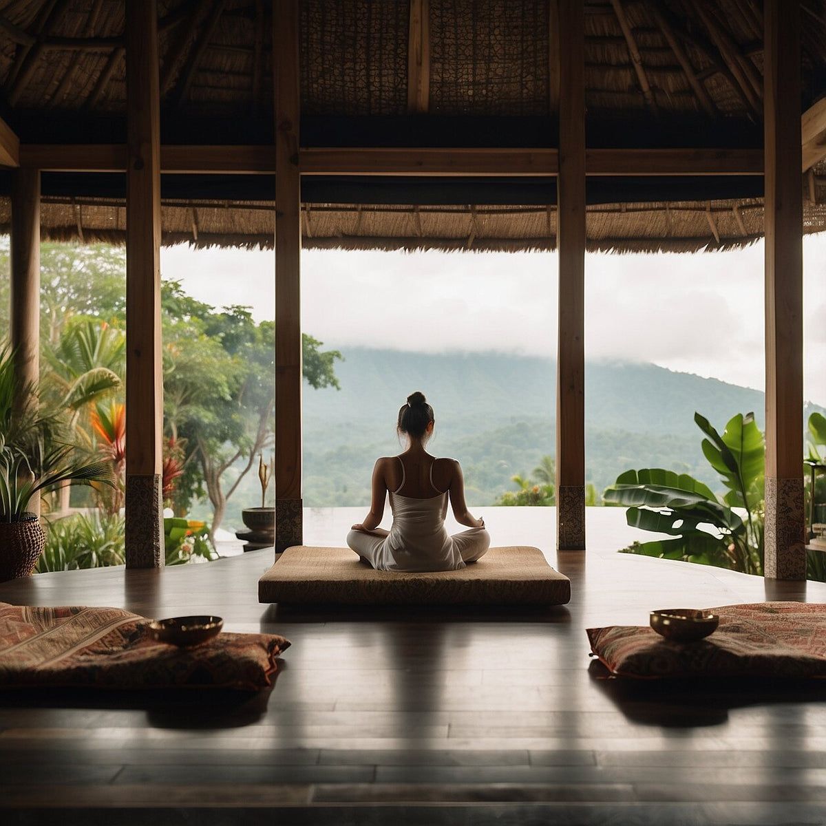 A woman meditating in a thatched open-air pavilion overlooking misty tropical mountains